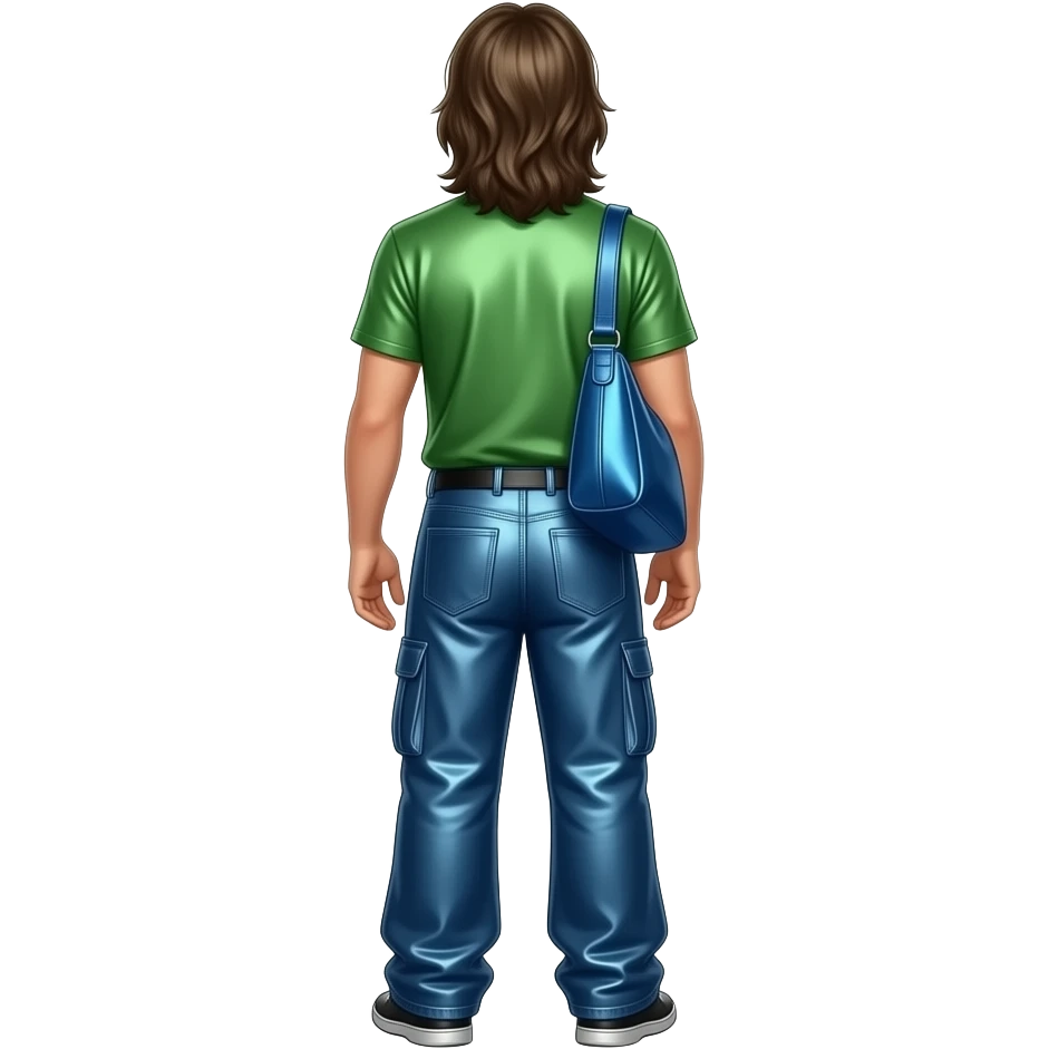 Ryan Dunn from behind with long dark blonde hair, green metallic shirt, blue metallic baggy pants emoji