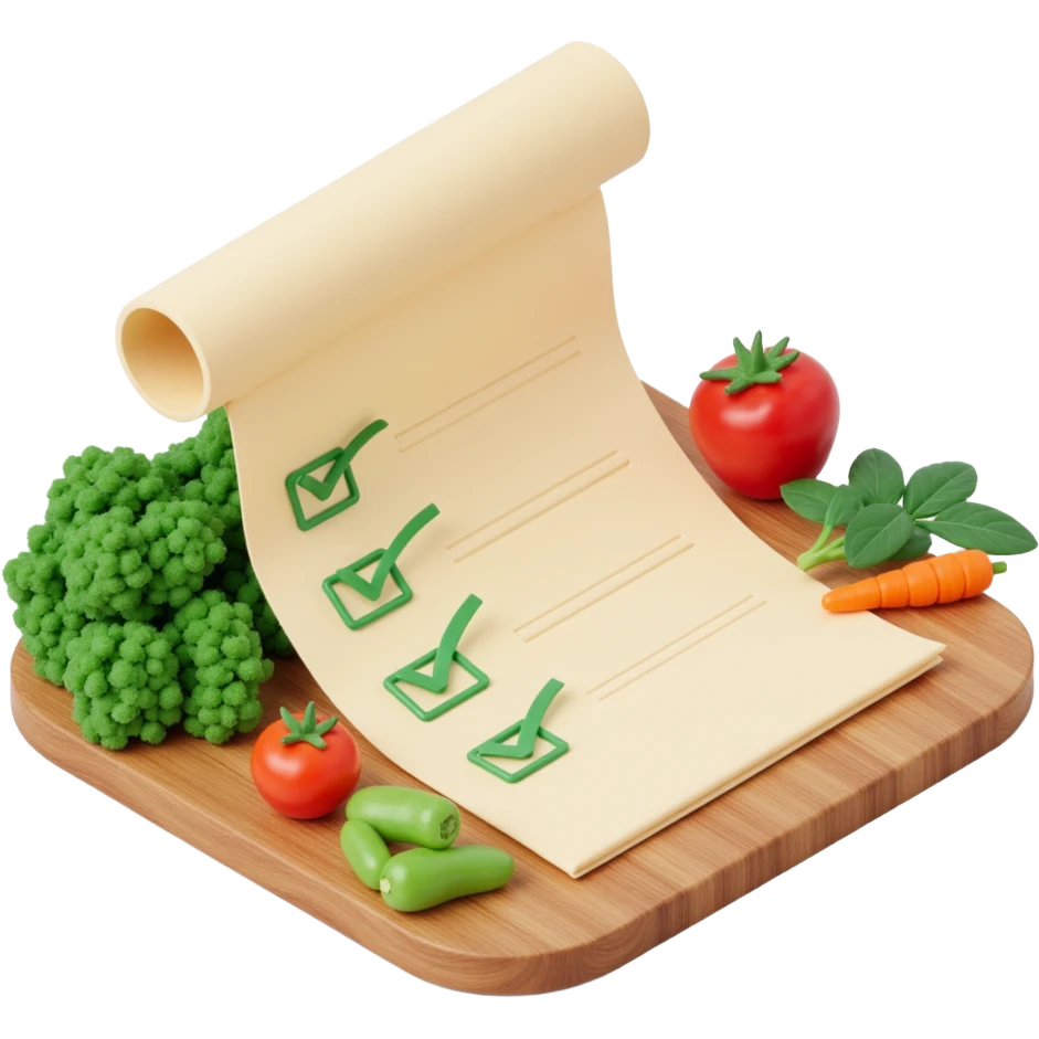 floating rolled paper list with green checkboxes and around vegetables emoji