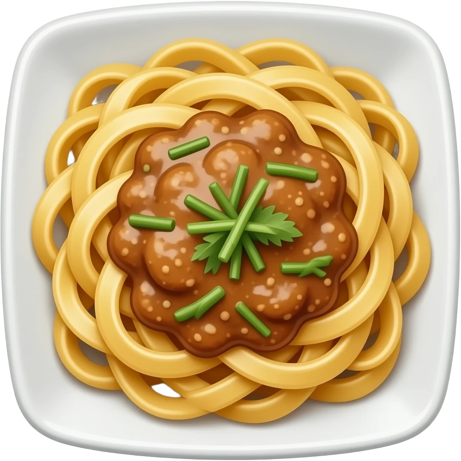 широкая лапша на тарелке квадратной с мясом в сливочном соусе emoji