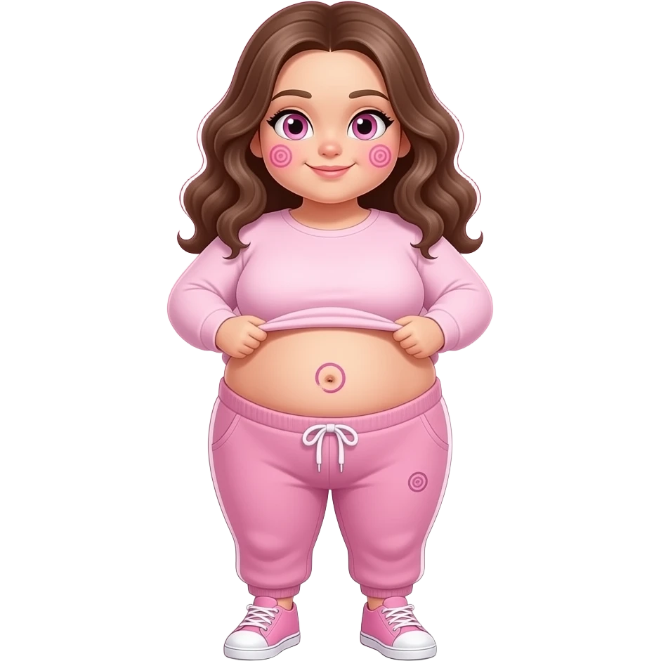 White obese girl pink eyes light pink swirly long hair pink swirl cheeks light pink plain long sleeve shirt light pink sweat pants light pink shoes lifting her shirt showing swirly belly button with pink background emoji