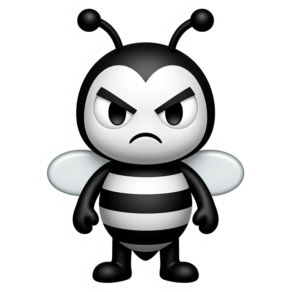 minimal bee mascot, angled eyes, small frown, ultra minimal black and white, bold outline, white sticker border emoji