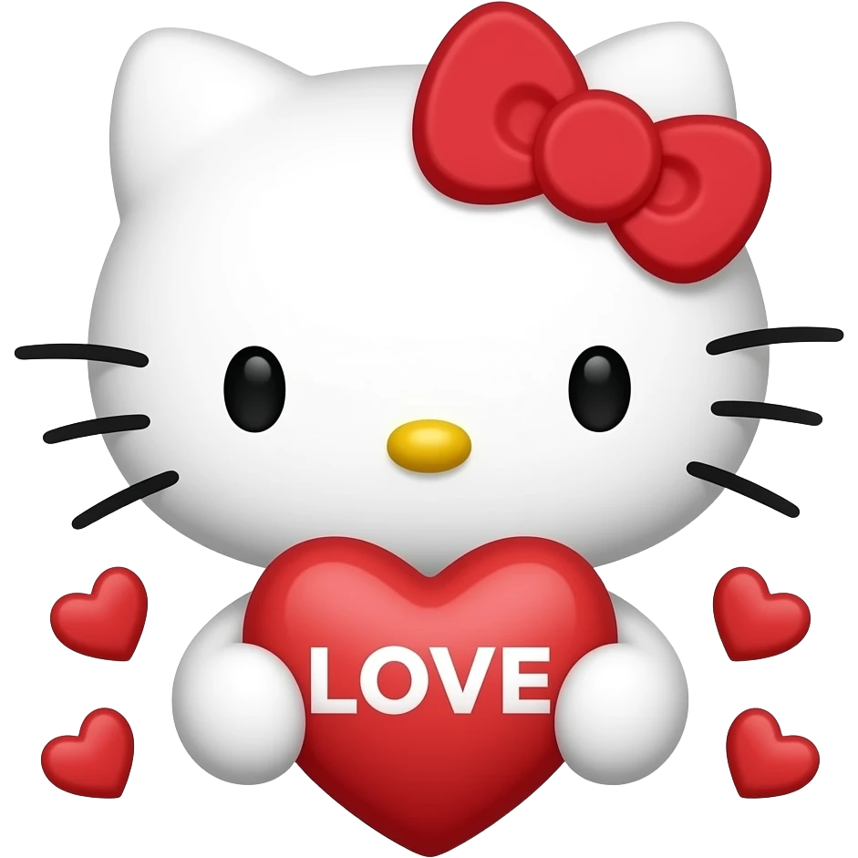 Hello Kitty, con un lazo rojo en la cabeza, sosteniendo un corazón rojo con la palabra ‘LOVE’ en el centro. Hay pequeños corazones rojos alrededor de ella, y su expresión es dulce y amigable emoji