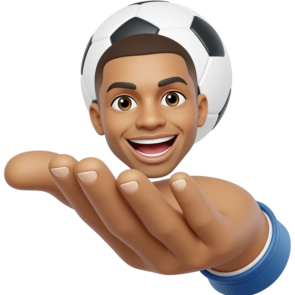 Mbappe-inspired 3D emoji, same face every time, 1 football floating above the hand. emoji