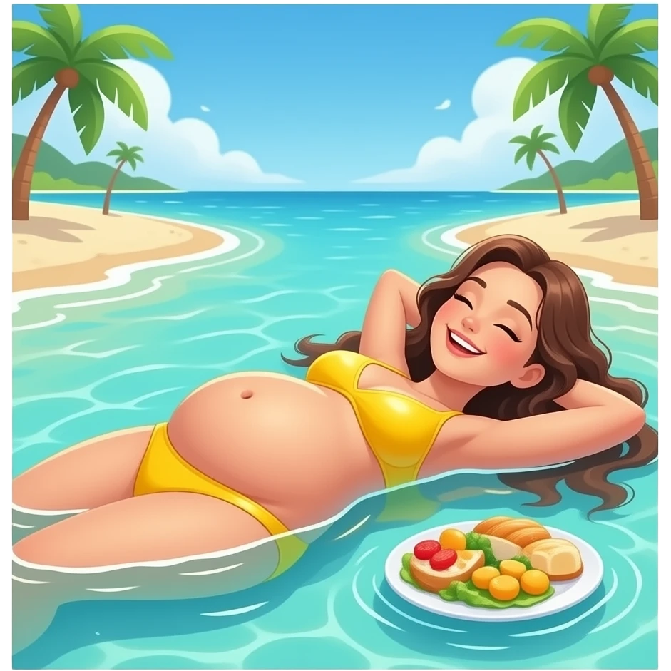 A girl enjoys beach holiday in her swimmers,but she is so full from a lunch break that she is about to burst,Then her fat Tummy rolls & drops out,she will just lay on her back in the shallow cool water,her gluttonous belly promotes a good resort business. emoji
