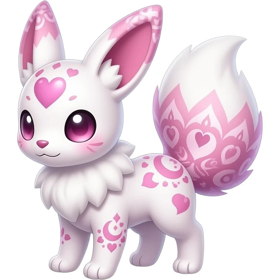Rosy beautiful gorgeous pretty Petite shiny glossy sparkly romantic pastel damask Absol-Sylveon-Milotic-Minccino-Furret-Fakemon-hybrid with heart and moon patterns emoji