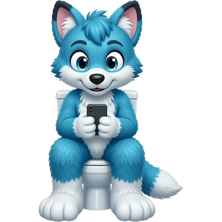 blue fursuit sitting on toilet, front view, legs together, looking down at phone emoji