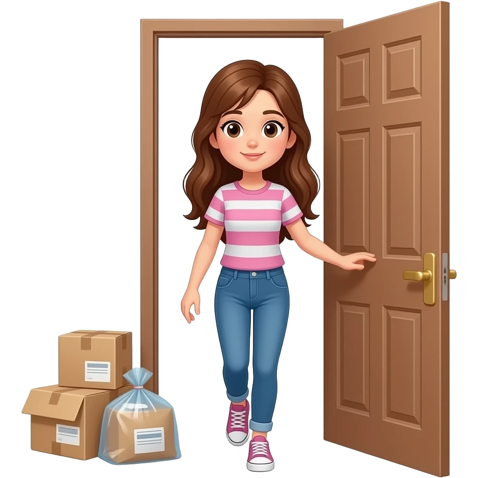 teen girl long hair, steeping into house  include backgroundwith packign bags straight face expression emoji