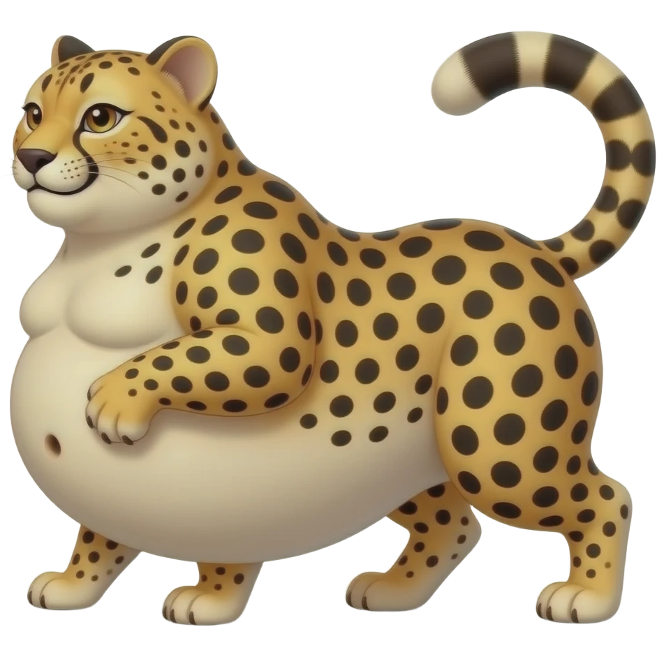 A strolling fat pot-belly cheetah,while being cheeky with her twerking butt,Her giant bulging sleek tummy is forever swinging & swaying sideways,she is so full that she wobbles,her Bellybutton waddles,that cheetah ate way too much. emoji