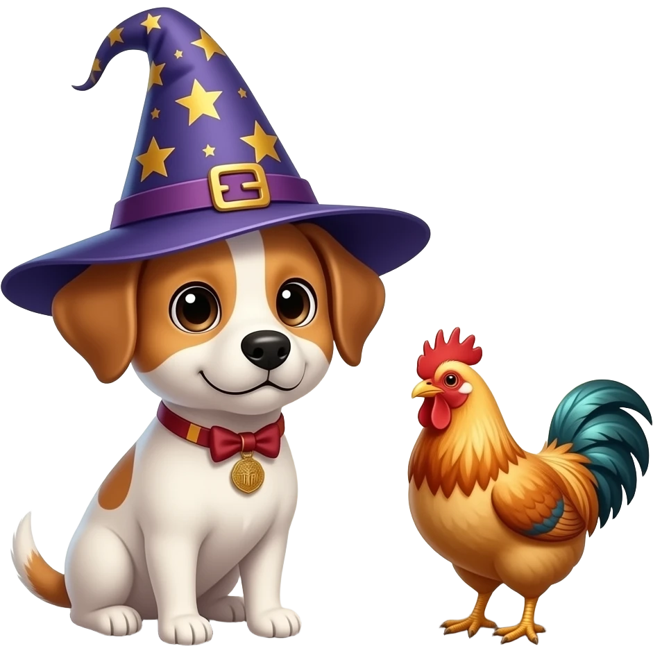 un petit chien dans le theme harry potter avec son amie la poule emoji
