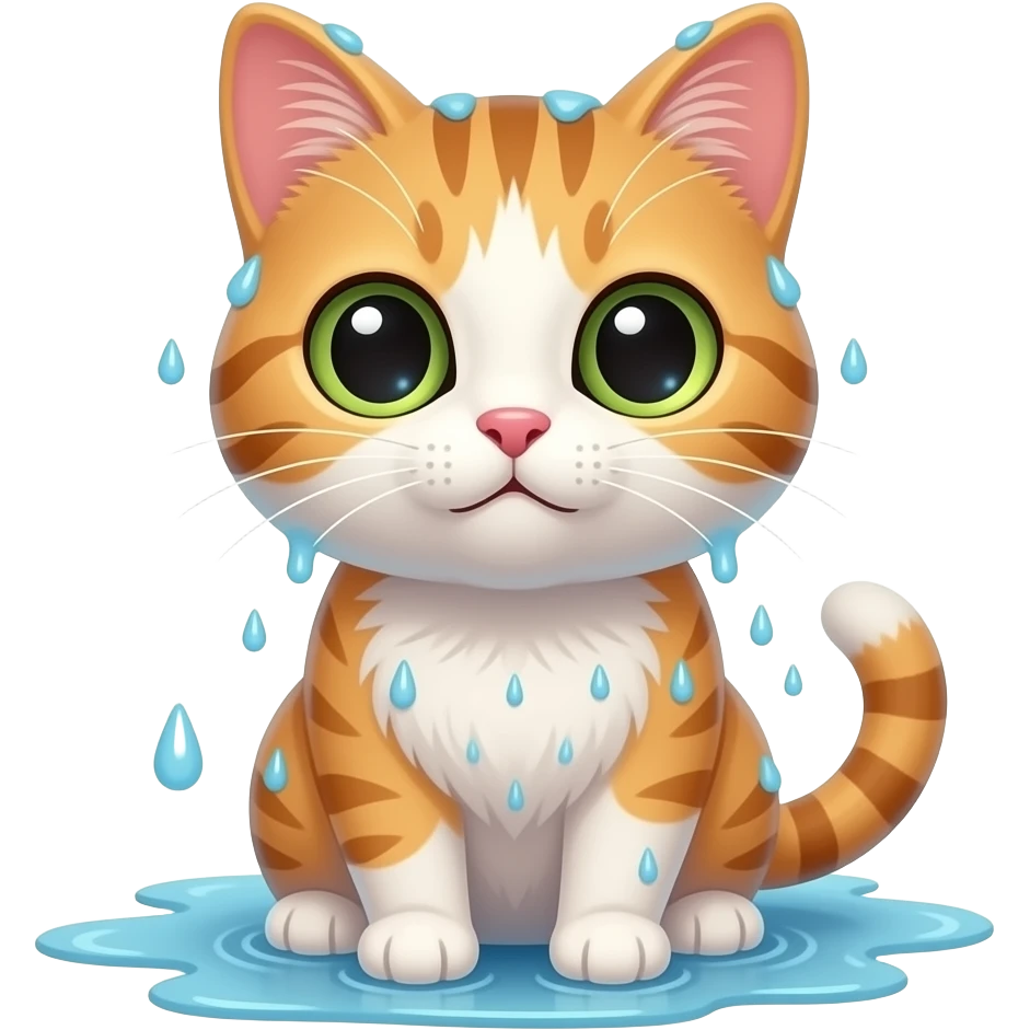 soaked cat with big cute eyes getting rained emoji