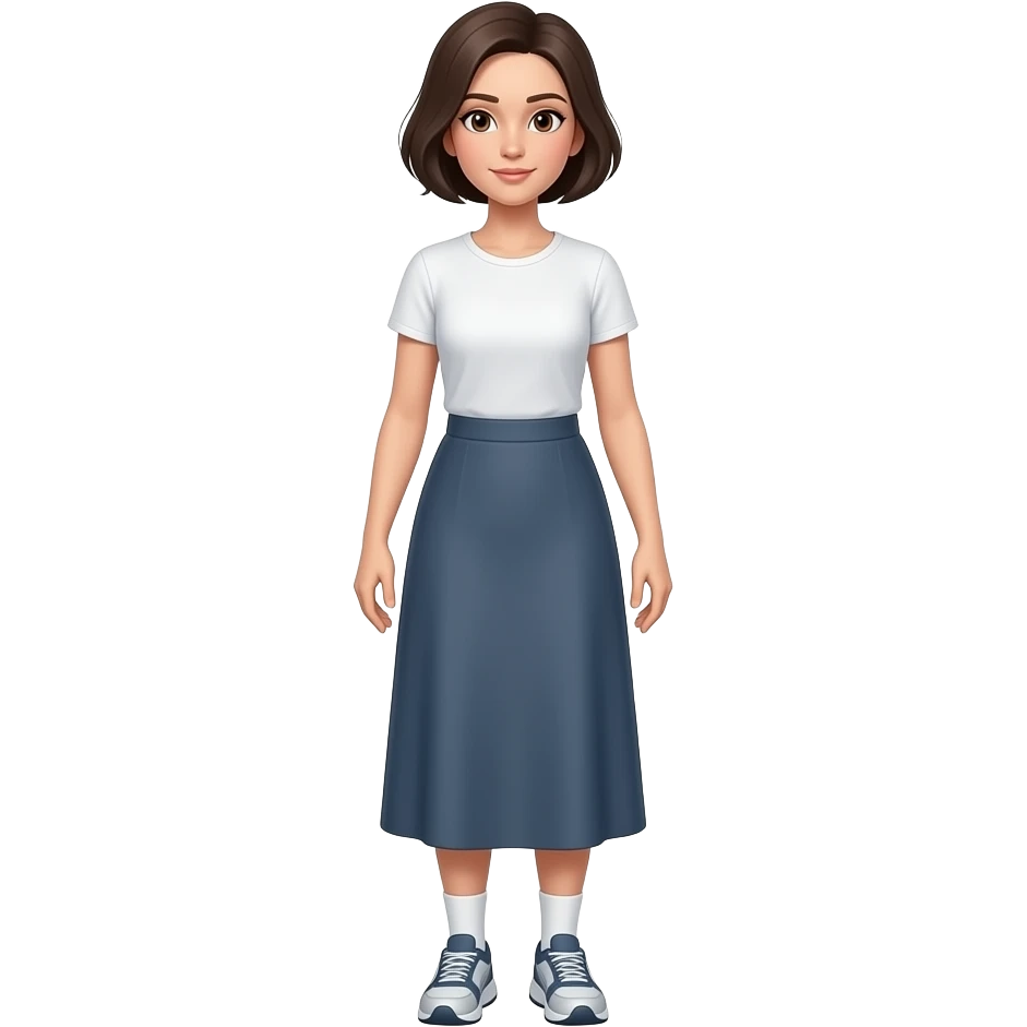 A full body White/Fair skinned woman with very short dark brown hair and brown eyes and wearing a long skirt, a t-shirt, socks and running shoes. emoji