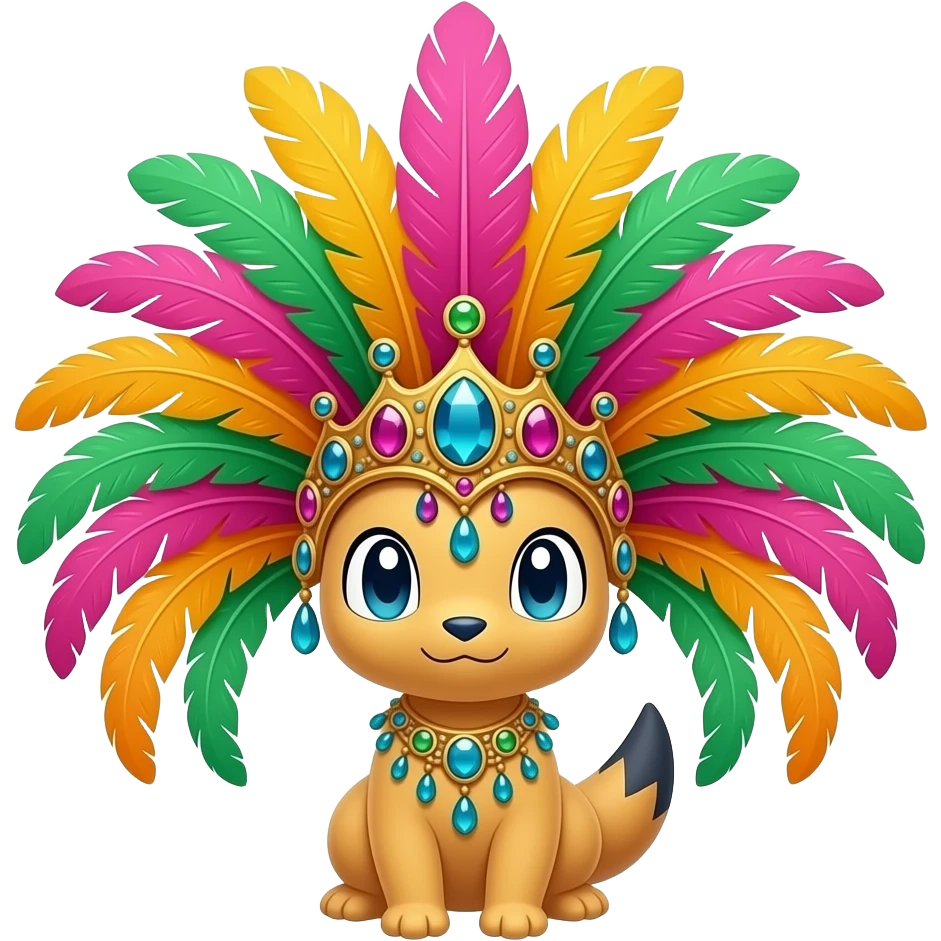Fakémon-creature with Jamaican carnival feather headpiece, extravagant crown made of long colorful feathers (bright neon pink, orange, yellow, green), decorated with jewels and rhinestones, flat lay on white background, no person, no model, sticker style, emoji style, 1:1 emoji