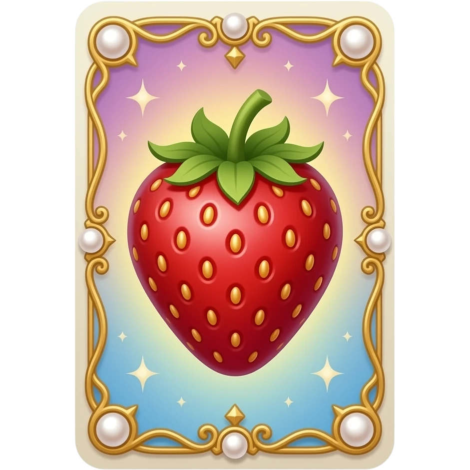 Tarot card, a strawberry, gold and pearls embellishments, very decorated, gradient accents. emoji
