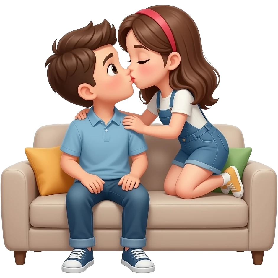 یه پسر نشسته روی مبل و یه دختر نشسته روی پسر و داره بوسش میکنه emoji