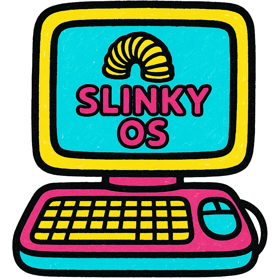 a computer with a screen showing the Slinky OS logo, vibrant colors emoji