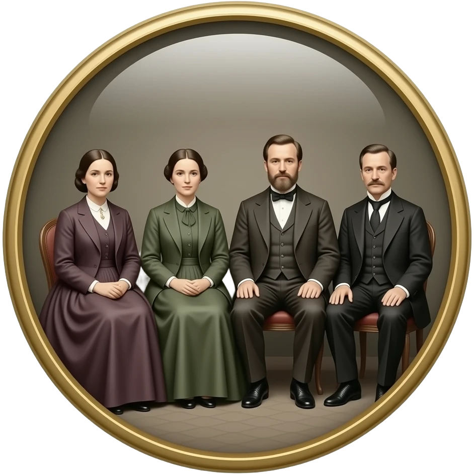 two mothers and two fathers depicted in sitting poses as in daguerreotypes posing in vintage bourgeois suits - on glass in daguerreotype brooch format emoji