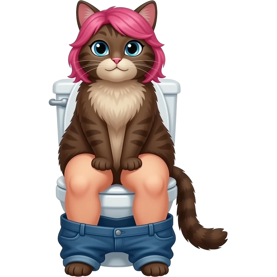 Adult Female dark brown cat furry sit on toilet pants down,pink hair emoji