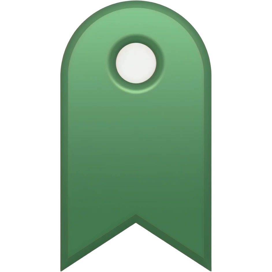 Large solid forest green bookmark icon, rounded top with circular hole, V-cut bottom, smooth 3D macOS emoji style, orthographic front view, transparent background. emoji