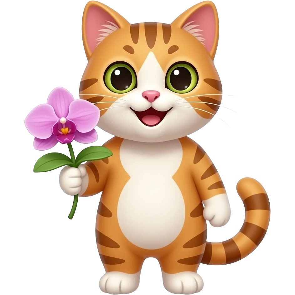 a happy cat holding an orchid emoji