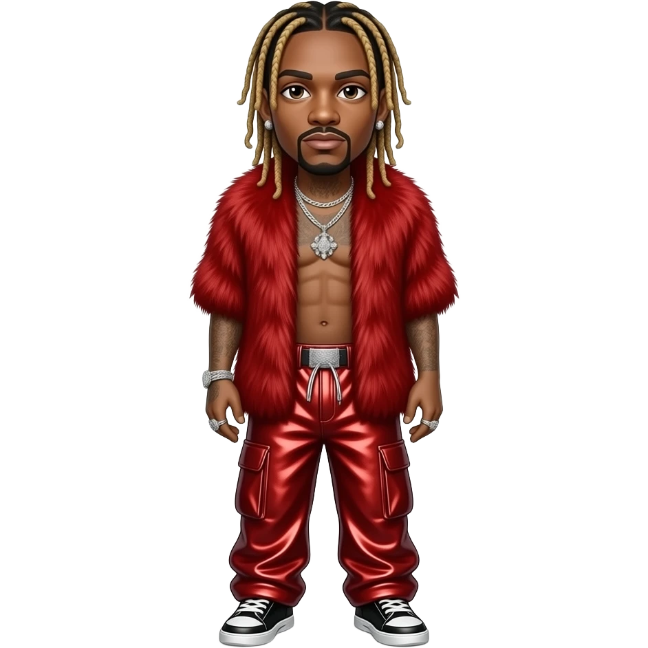 Lil Wayne with long blonde locs, red fur shawl, red metallic baggy pants, shirtless with necklace and earrings emoji