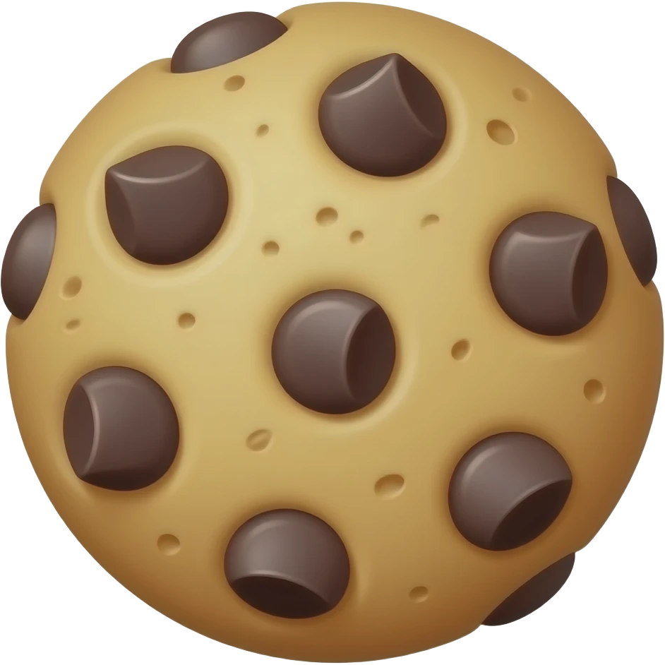 3D emoji style chocolate chip cookie, round golden-brown 
baked cookie with dark chocolate chips scattered on top, 
slight crumbs, Apple emoji aesthetic, soft highlights, 
transparent background, bold simple shapes emoji