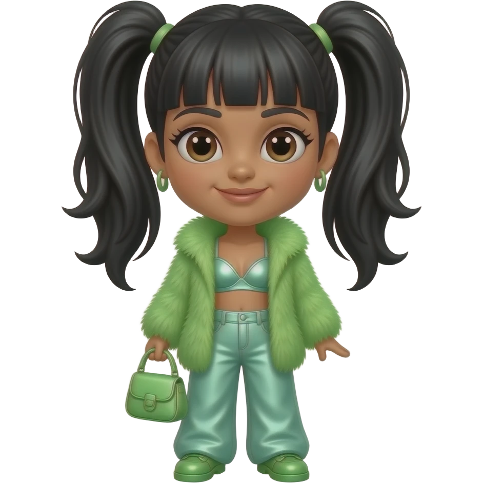 Left Eye from TLC with medium tan skin, dark brown eyes, black two high ponytail bang hair, green fur shawl, mint green metallic bra, mint green metallic baggy pants, green shoes emoji