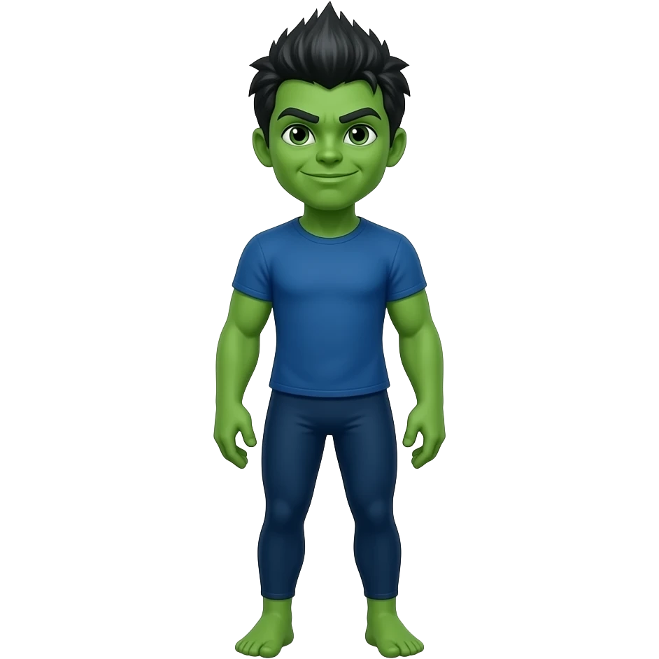 Full body female green she-hulk wearing blue outfit tshirt and tights with pixie mohawk hair emoji