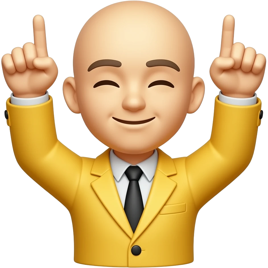 Emojis jaune blazer avec les deux bras levés vers le ciel, les index pointés vers le haut, visage les yeux fermé, fond blanc, style autocollant, avec l’emoji de base que la tête et le bras que la tête pas de corps emoji