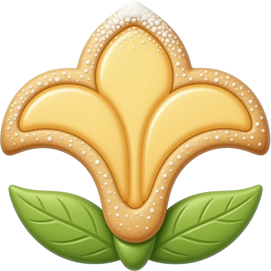 Realistic shortbread cookie in the shape of a lily flower with pastel yellow color jelly middle filling and sprinkled powder sugar on top. emoji