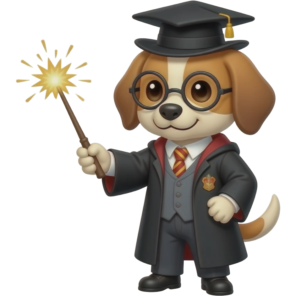 A dog as magician with a harry potter wand and sparkles coming from the wand emoji