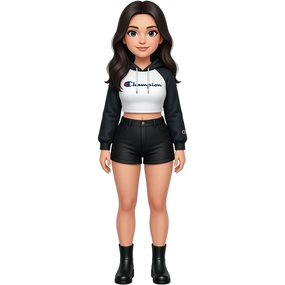 White girl with long black hair, black and white cropped champion hoodie with black sleeves, black high shorts, black plain boots, and a little bit of a chubby body emoji