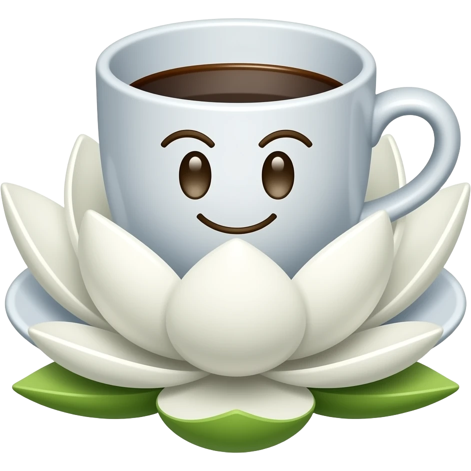 simplest face with almond shaped eyeson cup and saucer  coffee emoji emerging from White Lotus emoji