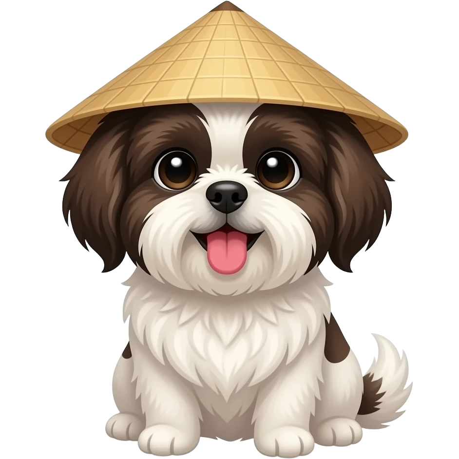 Cute dark brown and white Shih tzu head with vietnam hat tongue out emoji