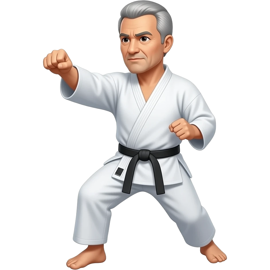 Middle-aged, white man wearing karate uniform , shaved short hair with a black belt doing a punch emoji