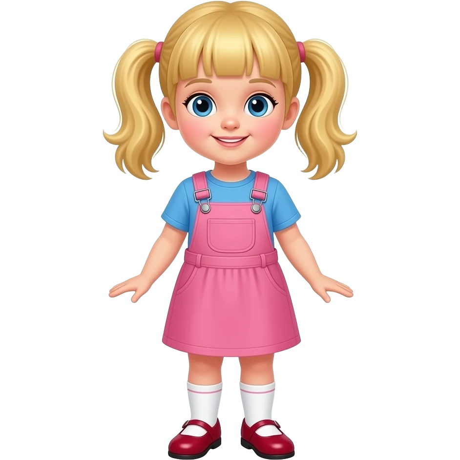 Little girl blonde hair with bangs in pigtails blue eyes blue T-shirt ...