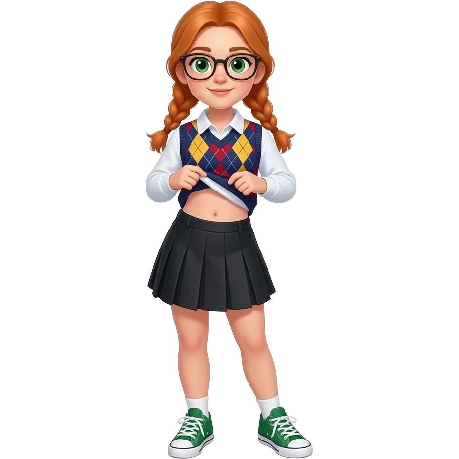 17 year old white woman green eyes orange braided pigtails rectangle glasses white long sleeved polo argyle dark blue red and yellow vest black skirt white and green sneakers lift her shirt up to show belly button emoji