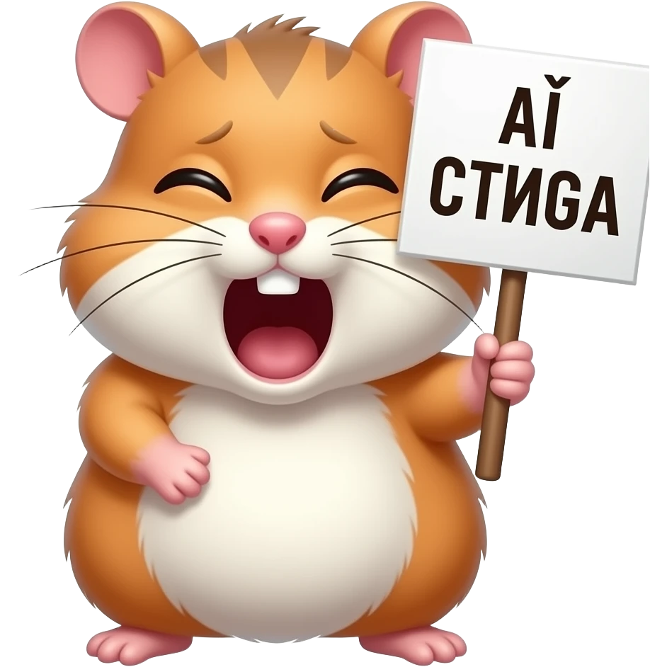 cursed cute hamster twitch emote screaming while holding “АЙ СТИГА” sign, exaggerated reaction, transparent background, thick outline, highly memeable emoji