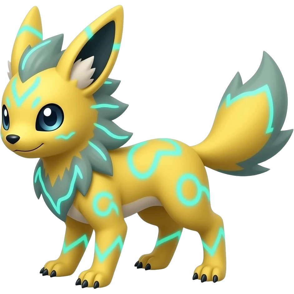 Yellow Zorua-Fennekin-Manectric-Electrike-Furret-Vaporeon-Fakémon-hybrid with glowing neon cyan markings emoji
