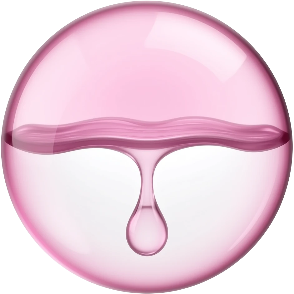 Erstelle ein Bild von einer Nahaufnahme, von einem durchsichtigen geleeartigen langen Faden und am Ende baumelt ein Tropfen. Er hängt von einer glasigen rosaroten Halbkugel herab. emoji