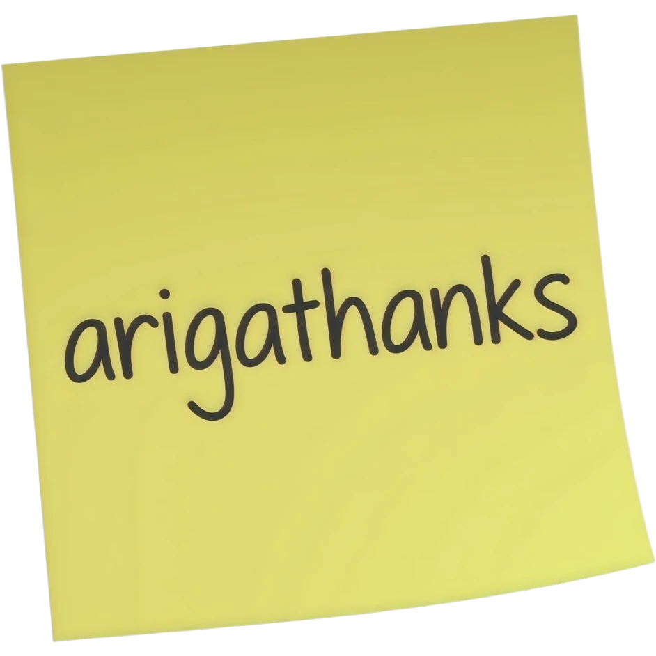 Yellow sticky Note emoji with handwritten "arigathanks" emoji