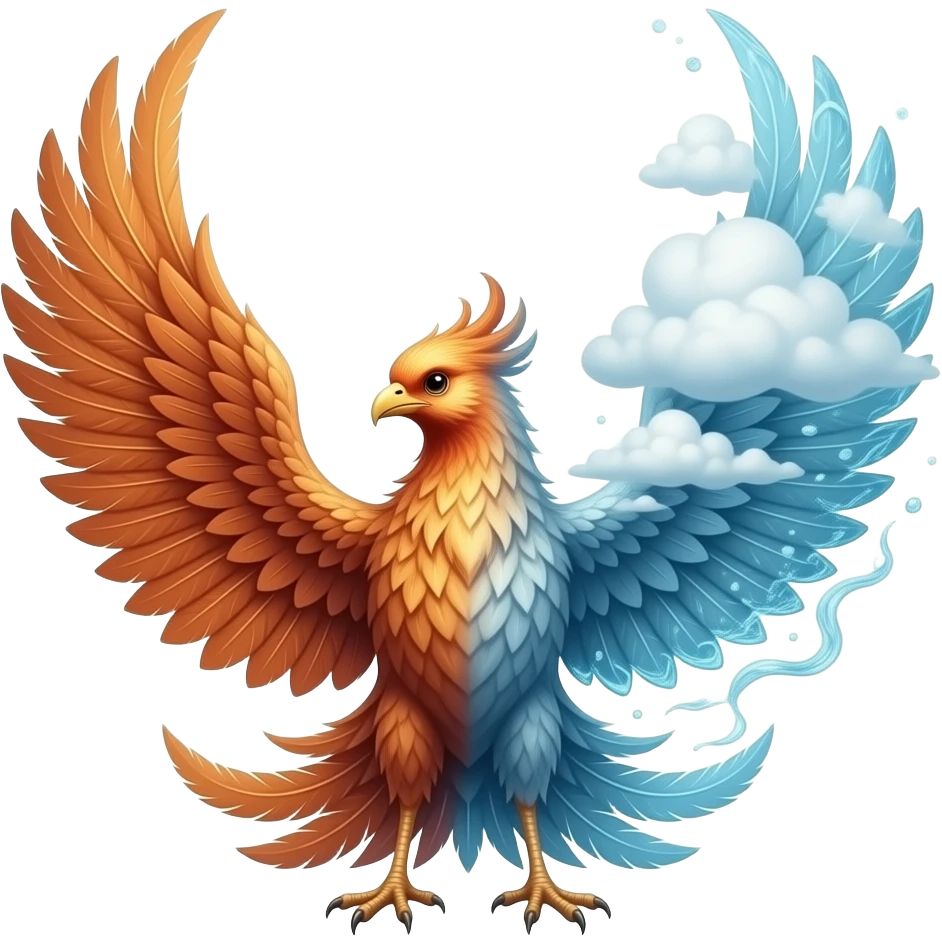 A realistic phoenix with long tail feathers made of Smoke and clouds on one side and Water on the other side facing the viewer. emoji
