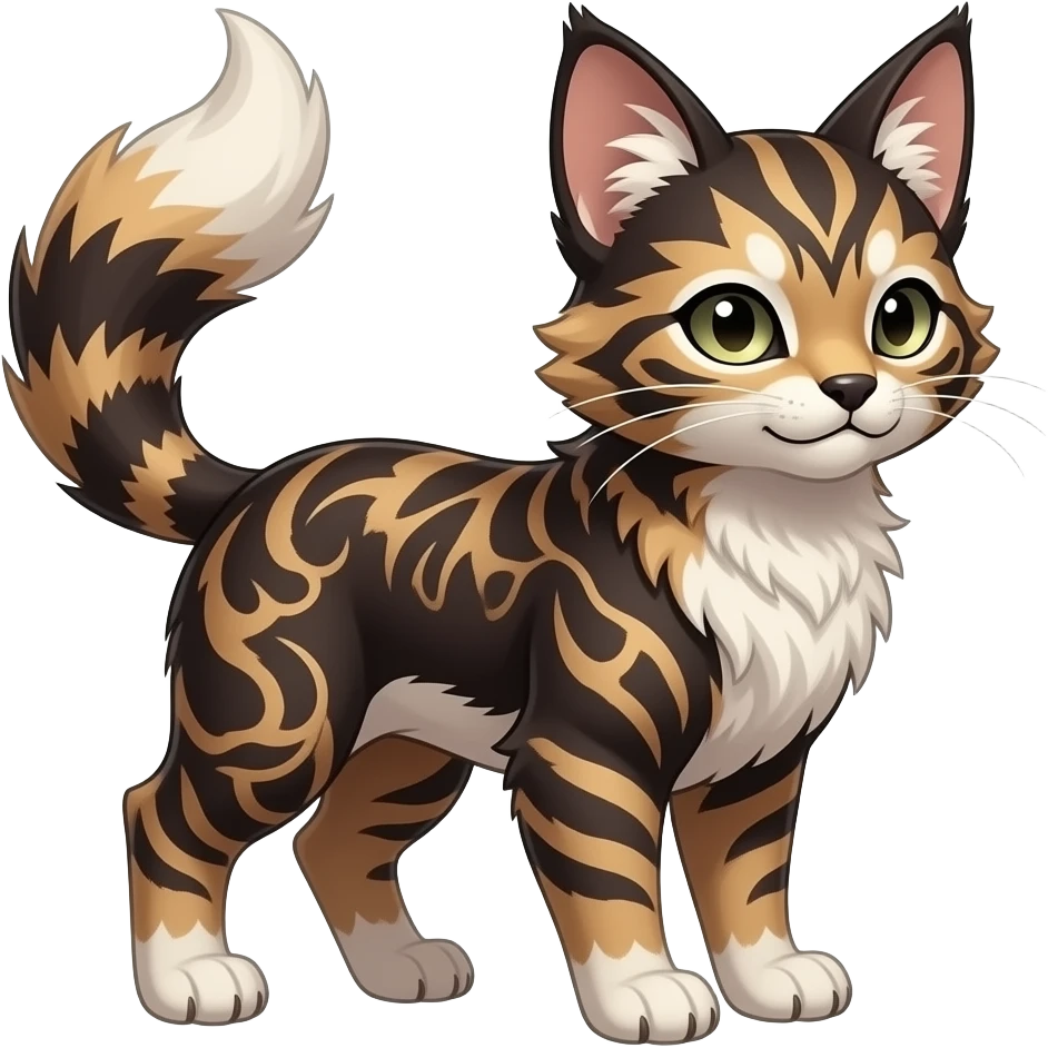 Kawaii dark edgy brown beige white fantasy ethereal feline-vernid-sergal-rocruff-fursona animal creature with a tufted tail full body with intricate markings emoji