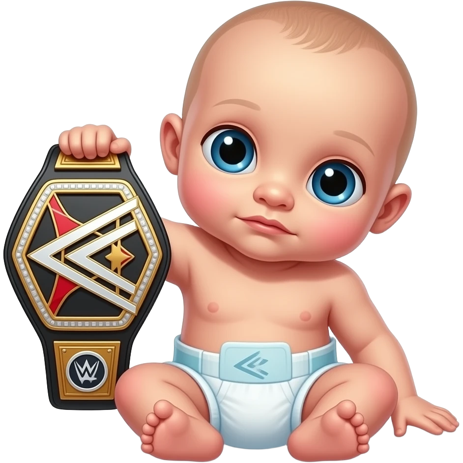 a cosmic, bald newborn in a diaper holding up a wrestling championship belt emoji