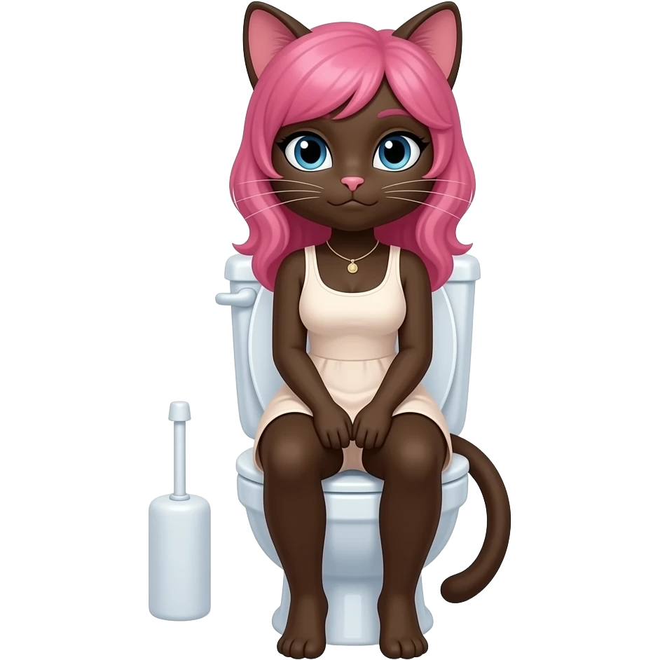 Female dark brown cat furry woman sit on toilet,pink hair emoji