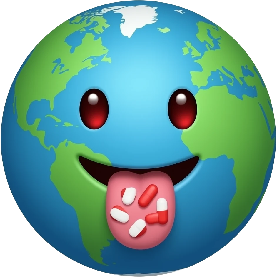 The Earth with low red eyes with it's tongue sticking out and pills on the tongue emoji