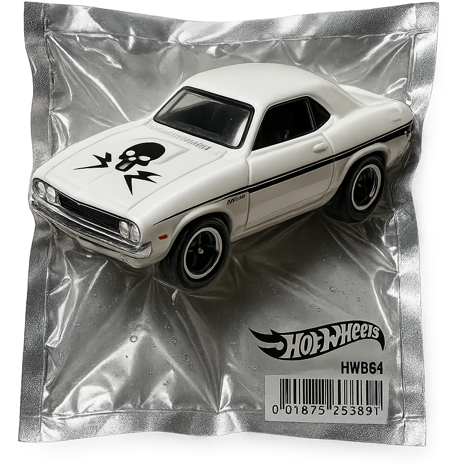white 1971 Dodge Challenger Hot Wheels toy car, glossy and puffy, inspired by the movie 'Death Proof' emoji