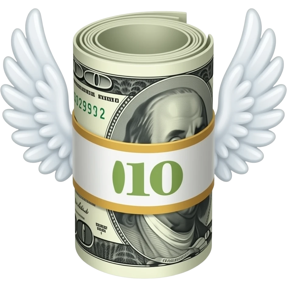 crea un emoji de pacas de billetes de 100$, que sea un emoji como los de iphone, y que tenga dos alas blancas, los billetes no pueden estar enrollados, quiero que unos encima de otros emoji