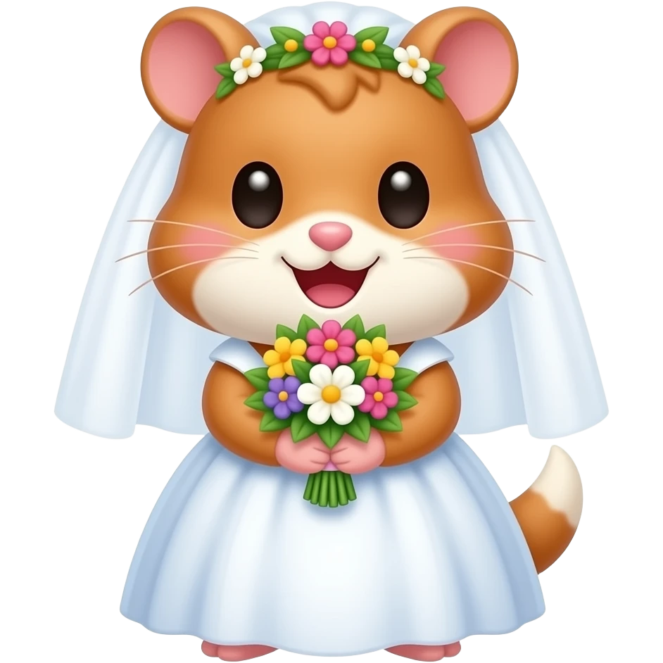 부케를 들고 활짝 웃는 귀엽고 예쁘고 깜찍한 갈색 햄스터 신부. emoji