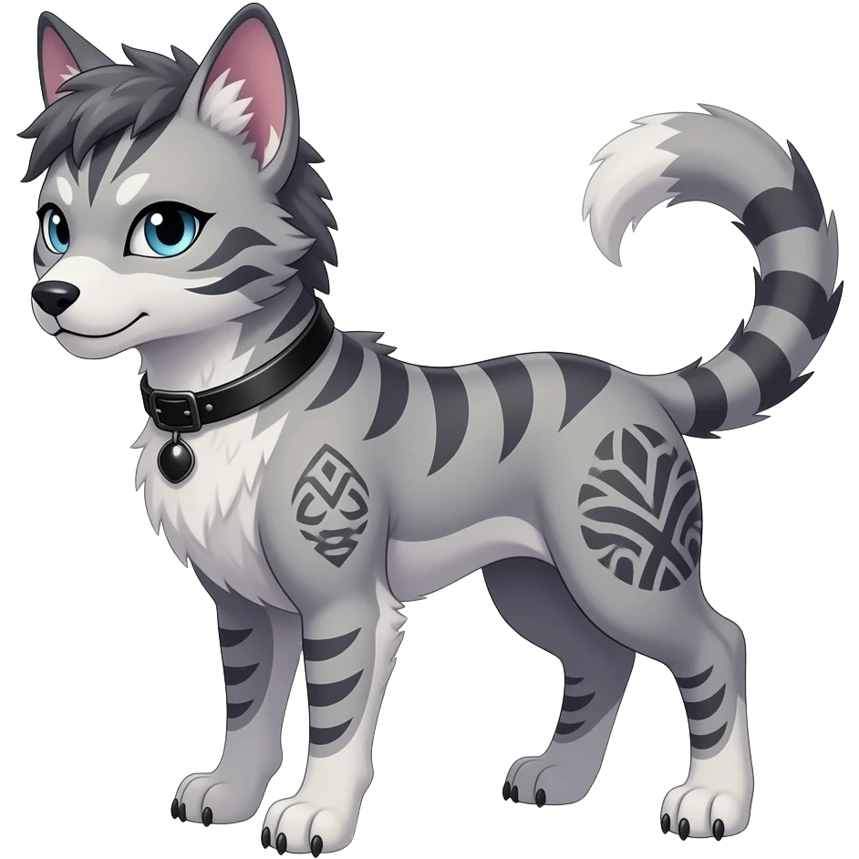 Rare pastel exotic edgy cool epic aesthetic gothic colorful Salandit-Litten-Furfrou-Houndour-Civet-species-Fakemon-hybrid-creature, with a collar, and with intricate tribal markings, full body emoji