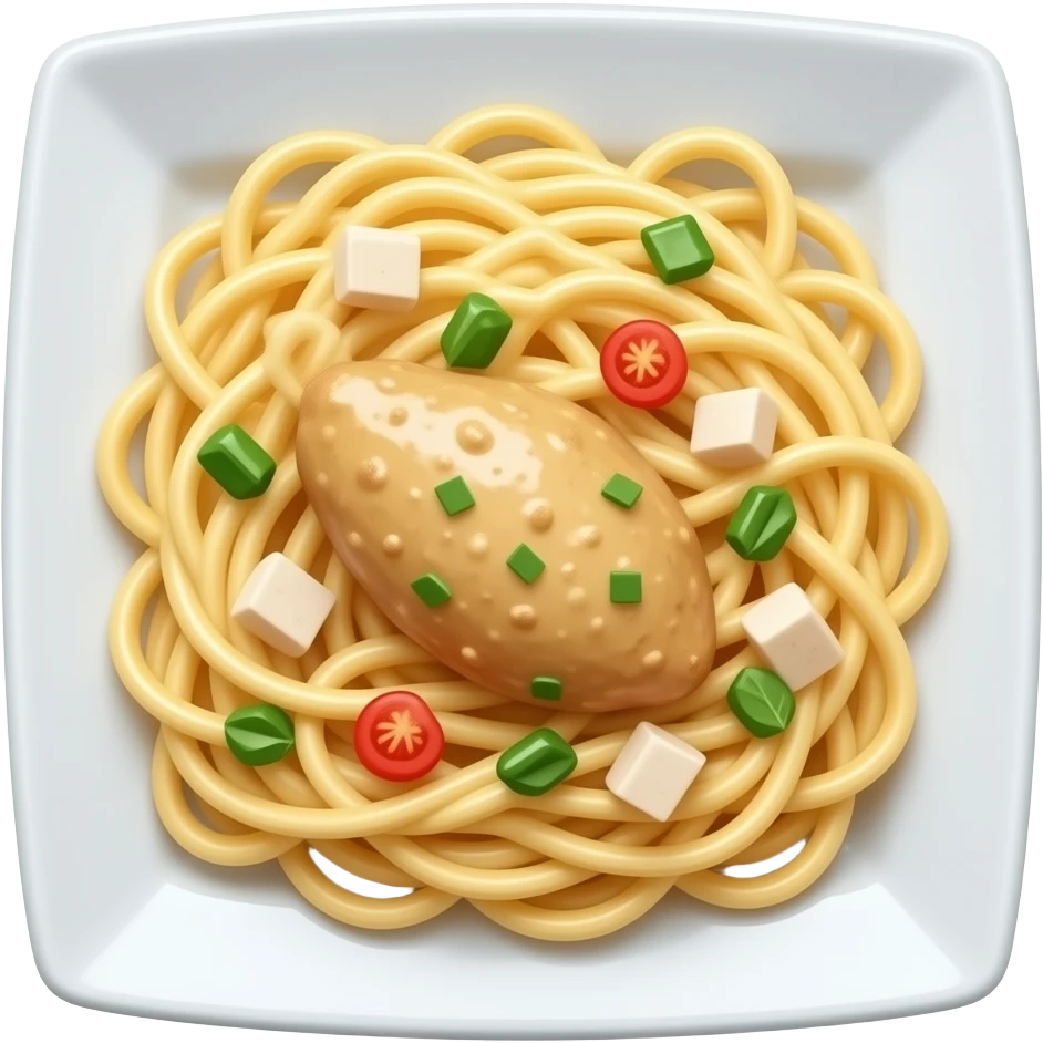 широкая лапша на тарелке квадратной с курицей в сливочном соусе emoji